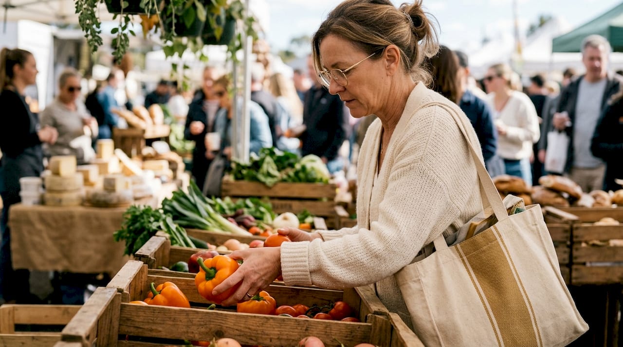 Woman choosing gourmet food at farmers market