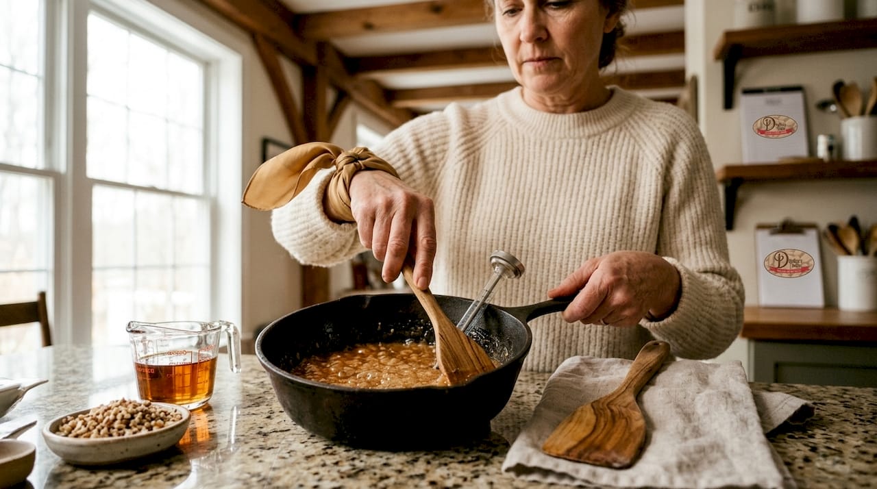 Woman stirring toffee in kitchen pan