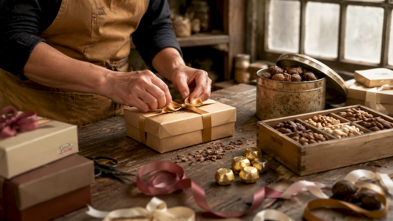 Hands arranging gourmet candy gift boxes
