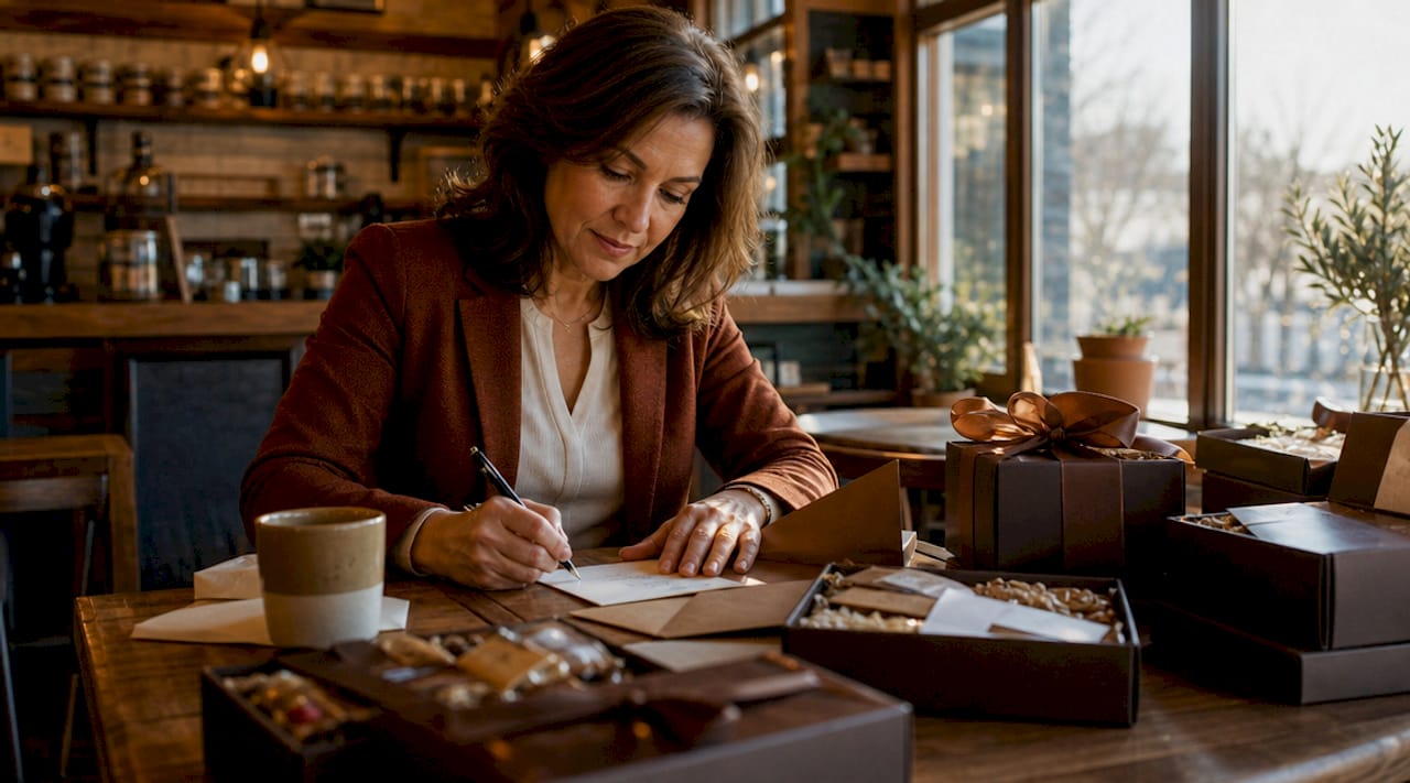 Manager preparing employee gifts and notes