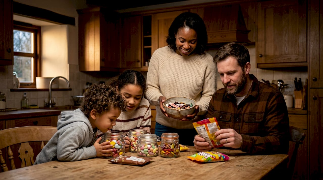 Family selecting gluten free candy in kitchen