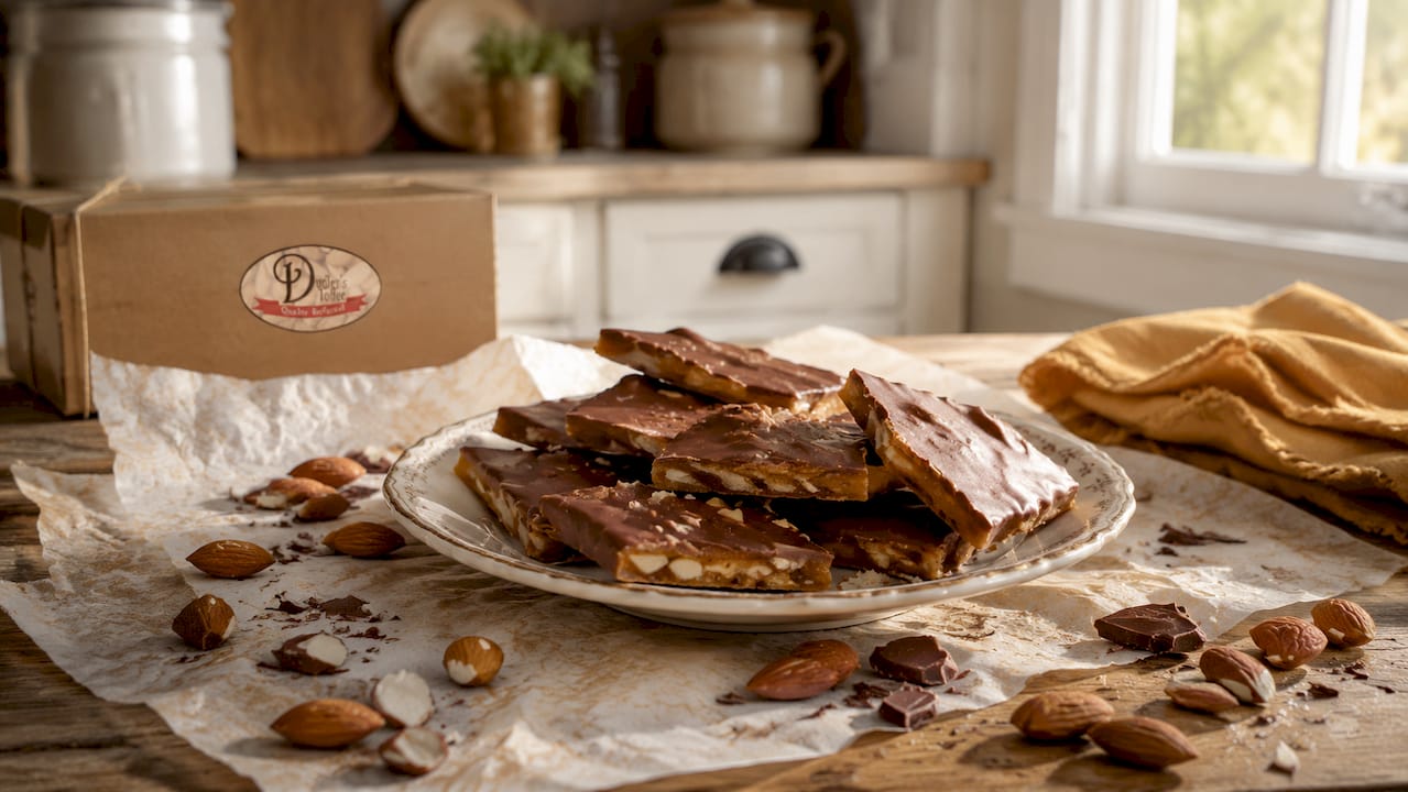 Close-up premium handcrafted English toffee candy on wood
