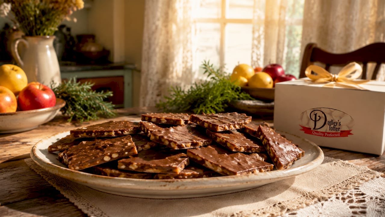 Handcrafted almond chocolate toffee on rustic parchment