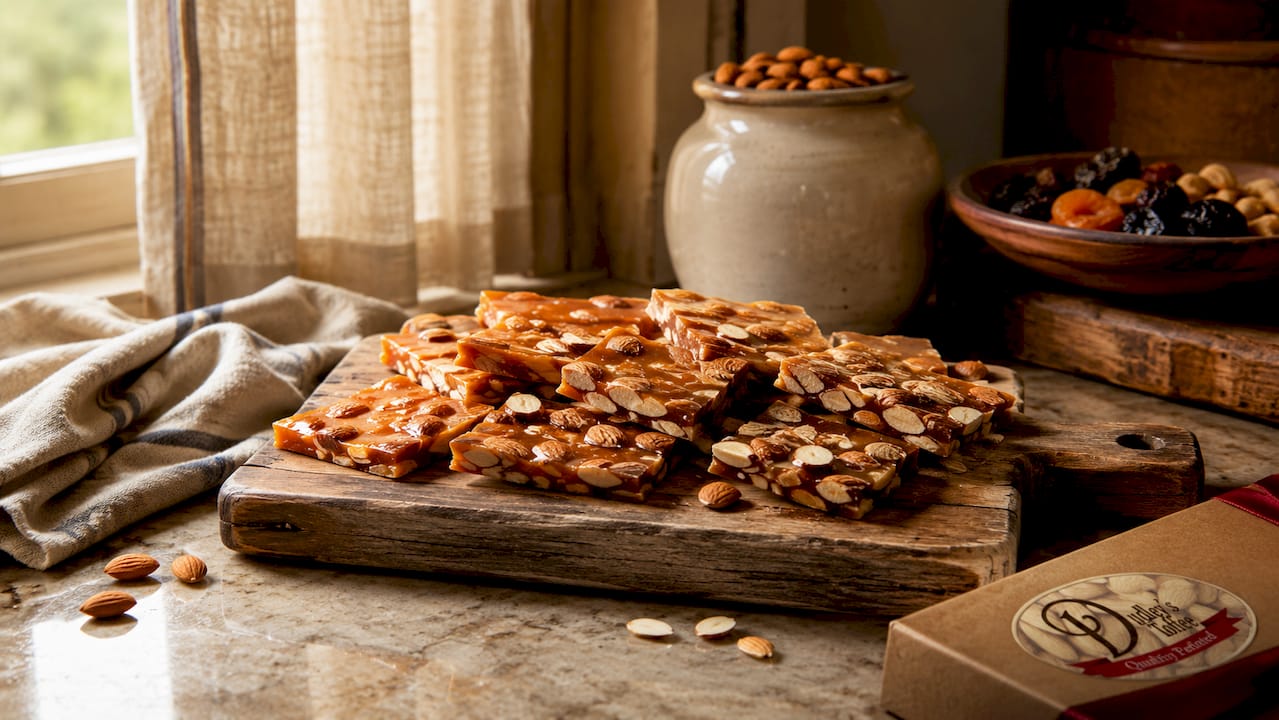 Close-up of classic English almond toffee on wood