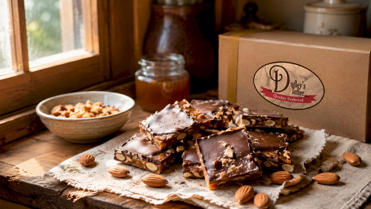 Close-up of handcrafted English almond toffee on rustic wood