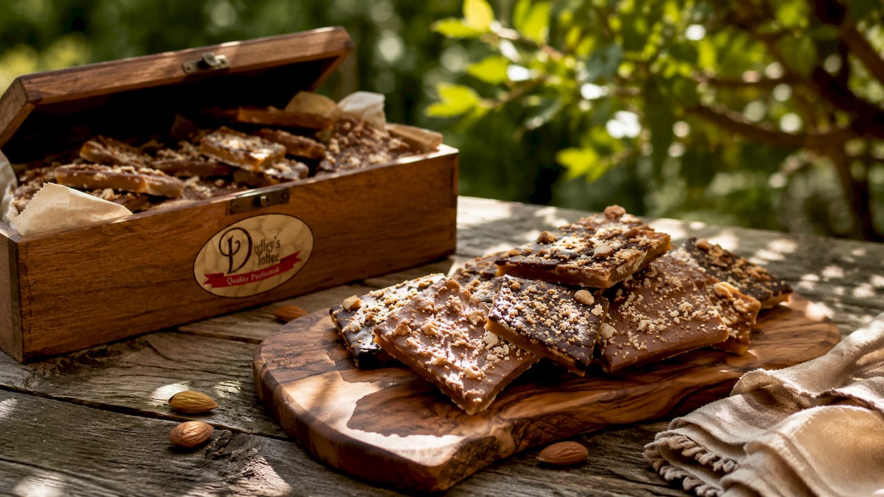 Handcrafted gluten free toffee with almonds on rustic wood