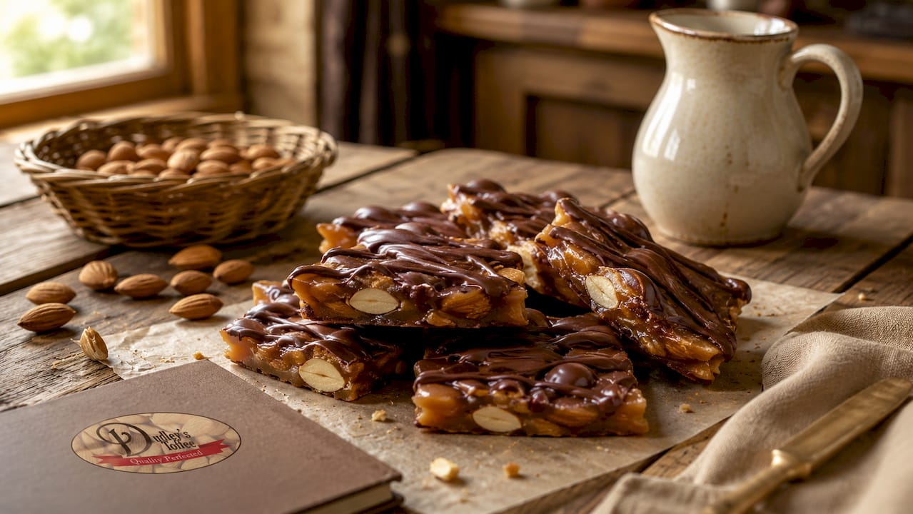 Close-up of handcrafted almond toffee candy on rustic surface