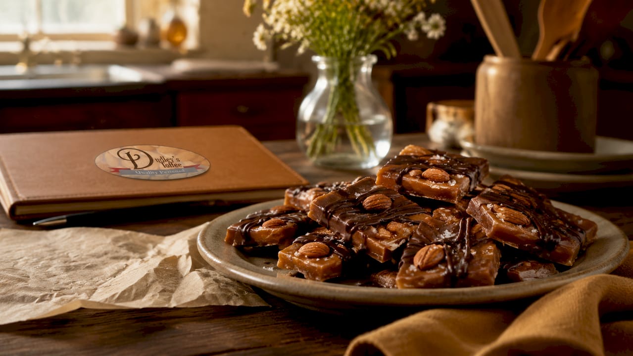 Close-up handcrafted soft toffee pieces with almonds