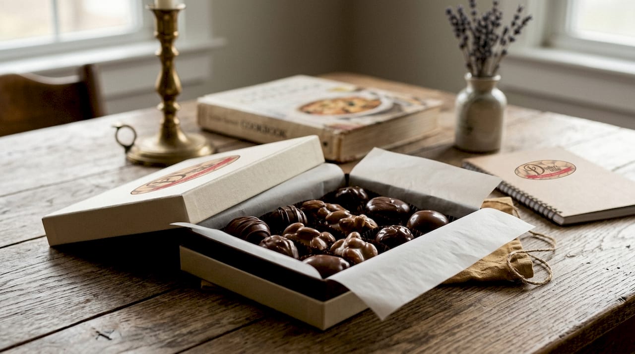 Elegant gluten free chocolate gift box on rustic surface
