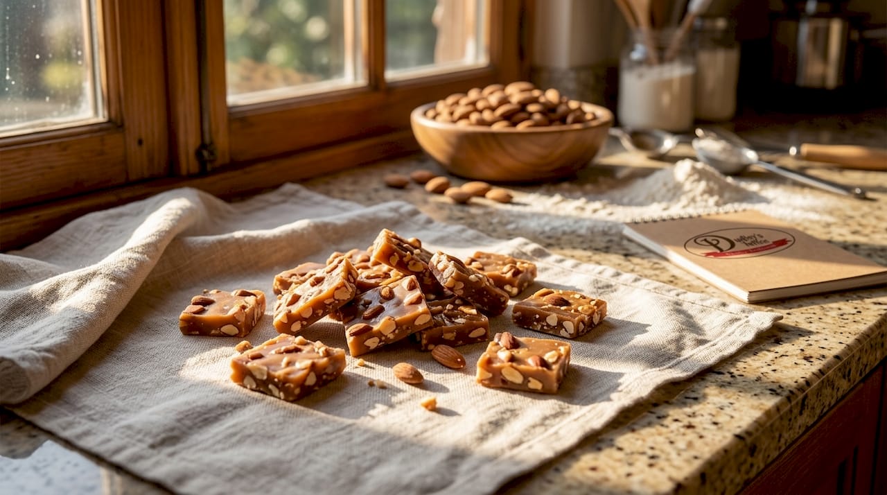 Premium gluten free toffee bits on parchment paper