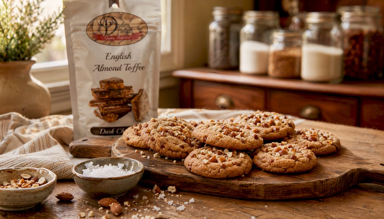 Close-up of brown butter toffee cookies on wooden countertop