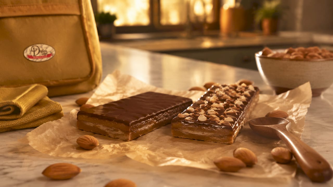 Close-up of Skor and Heath toffee bars on rustic wooden table