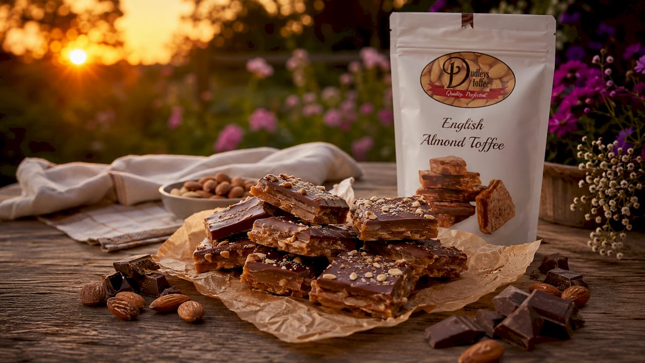 Handcrafted English toffee candy bars on rustic table