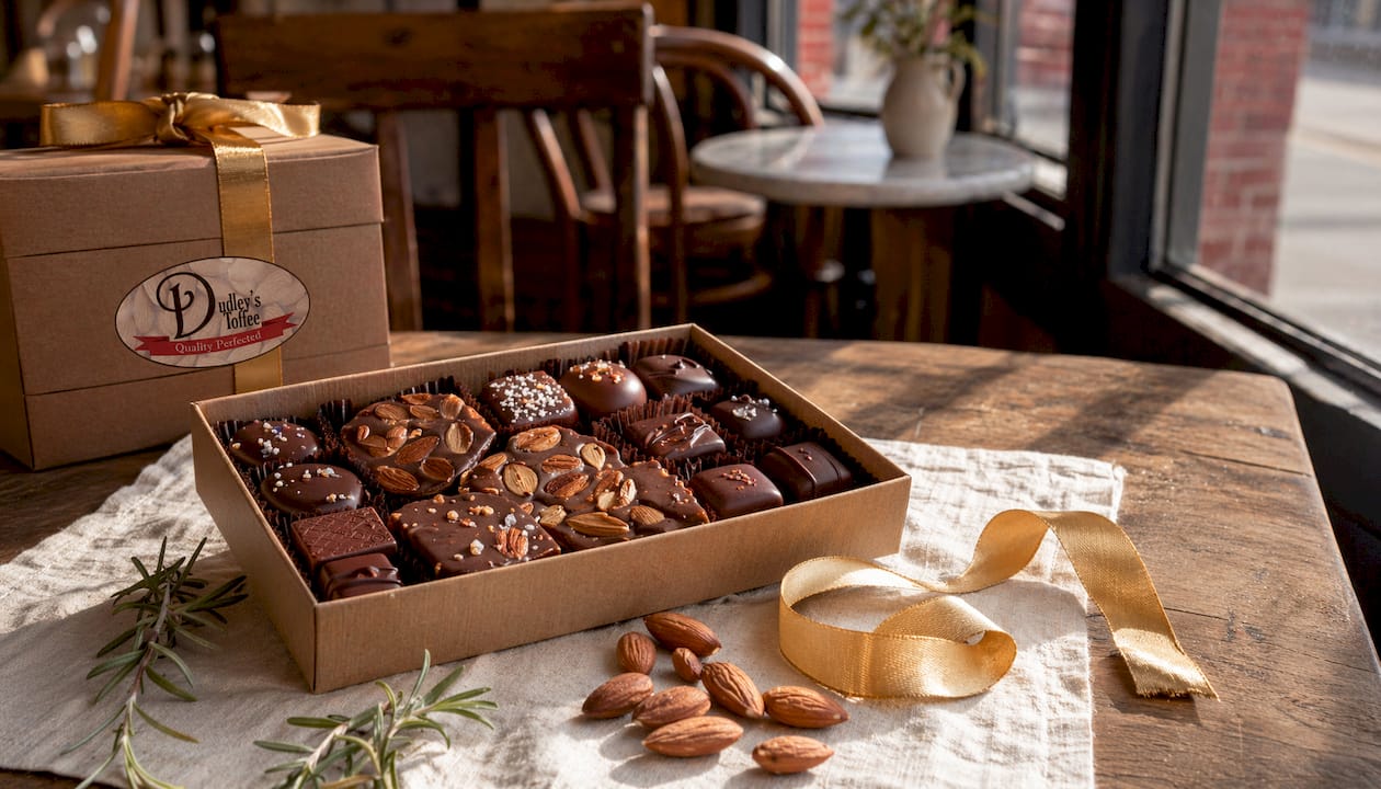Elegantly presented gift box with chocolates and toffee