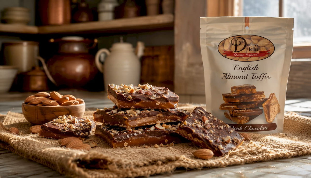 Close-up of English toffee with chocolate and almonds