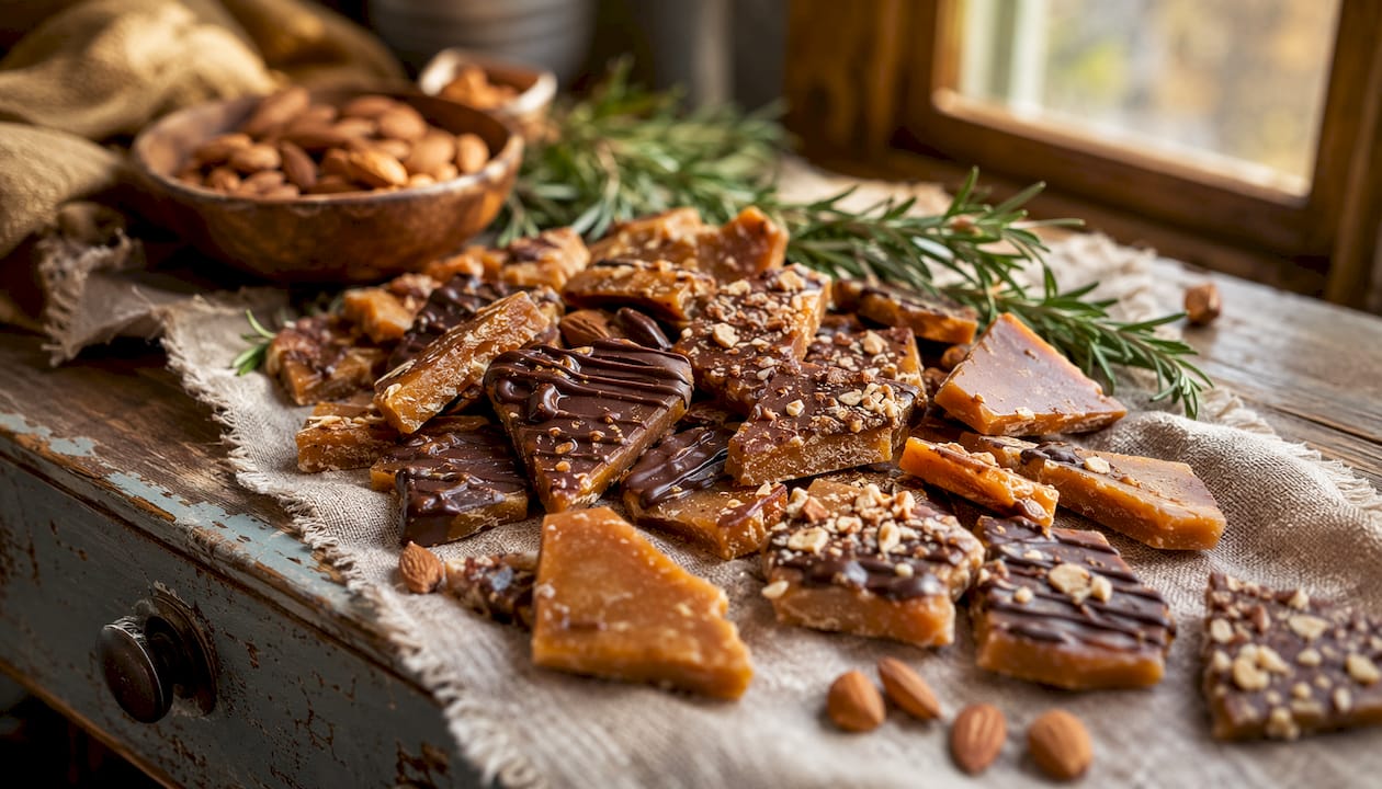Close-up of premium English almond toffee bits on parchment