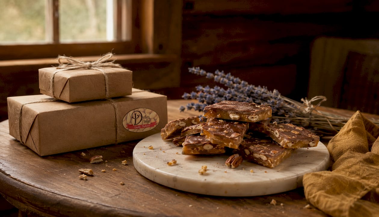 Rustic toffee gifts on wooden table with ribbons