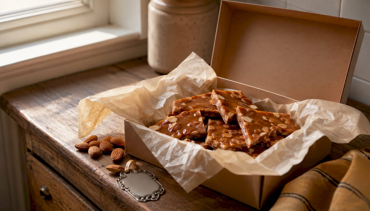Box of premium English almond toffee on table