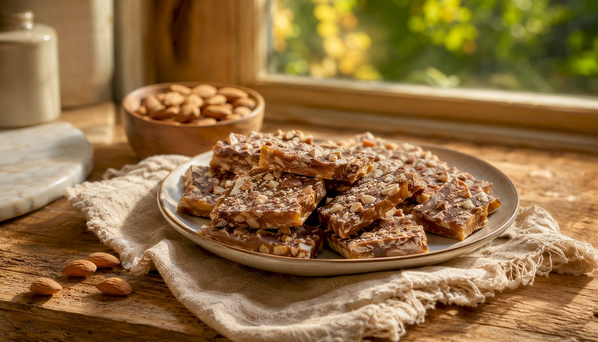 Artisan English toffee with almonds on wooden surface