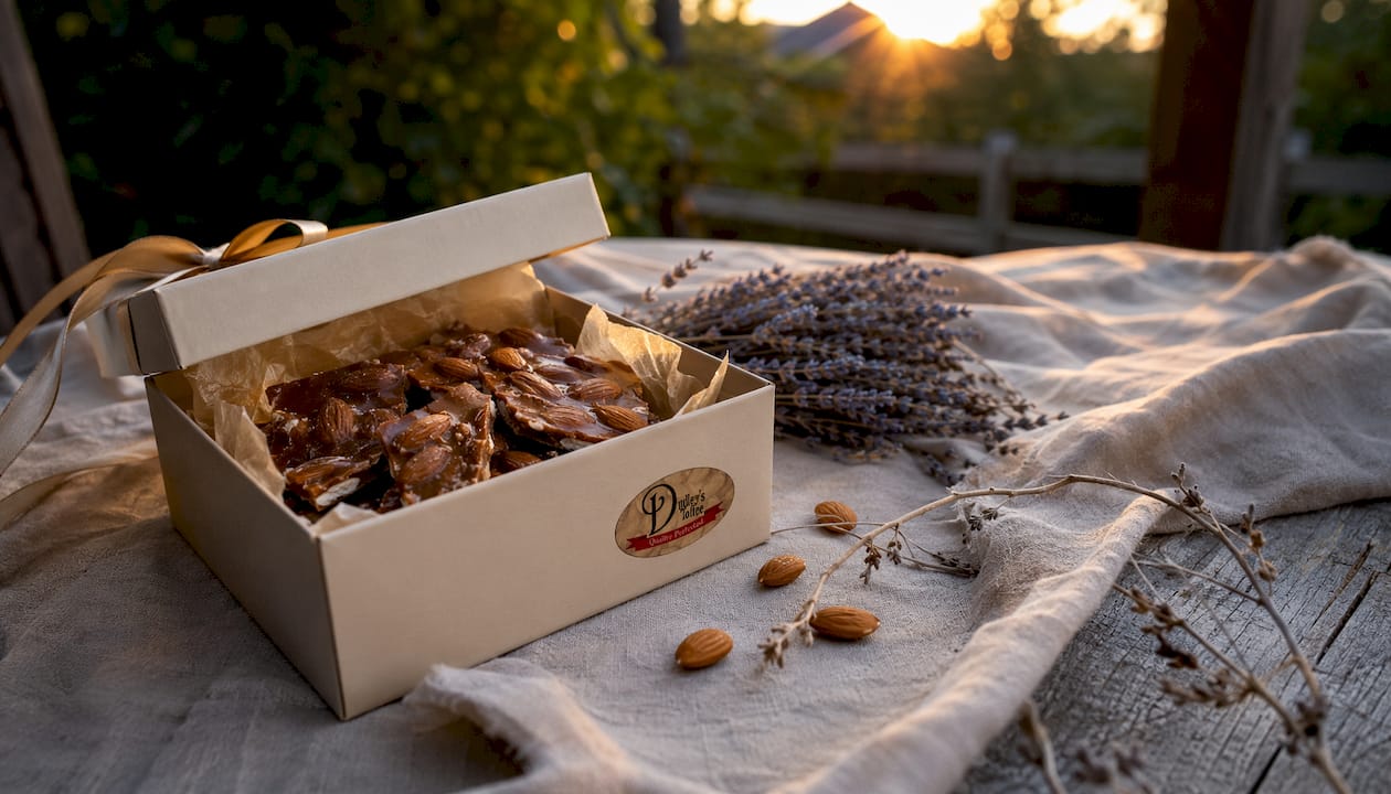 Elegant handcrafted almond toffee gift box on wood