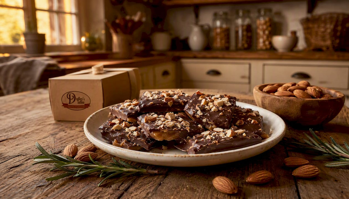 Handcrafted English toffee with chocolate and almonds on parchment
