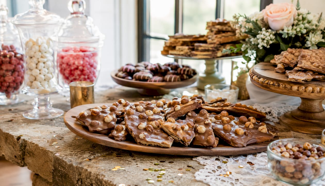 Elegant wedding dessert table with handcrafted toffee