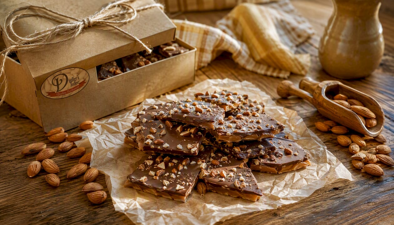 Close-up of premium handcrafted English almond toffee on rustic wood