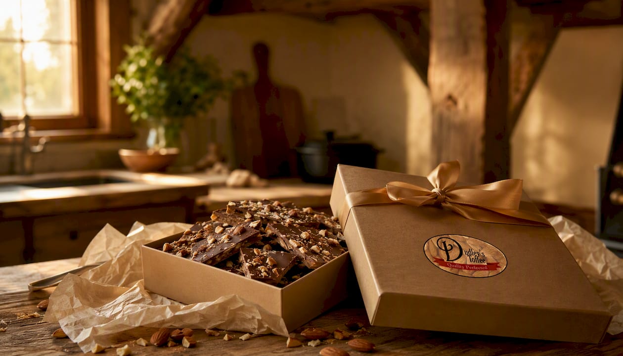 Handcrafted English almond toffee gift bag on rustic wood
