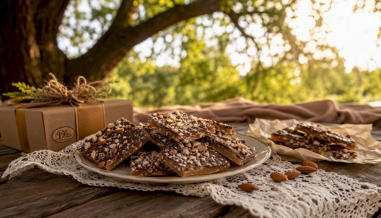 Handcrafted almond toffee and chocolate gift arrangement
