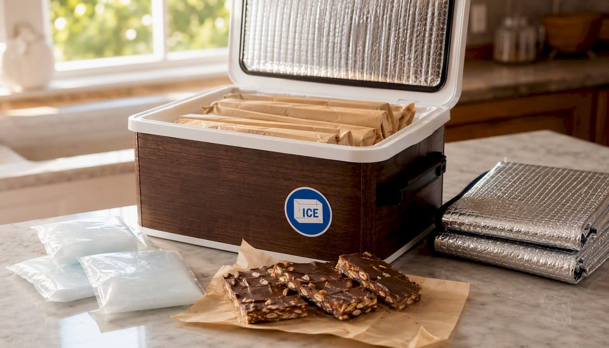 Insulated box with wrapped toffee and gel packs