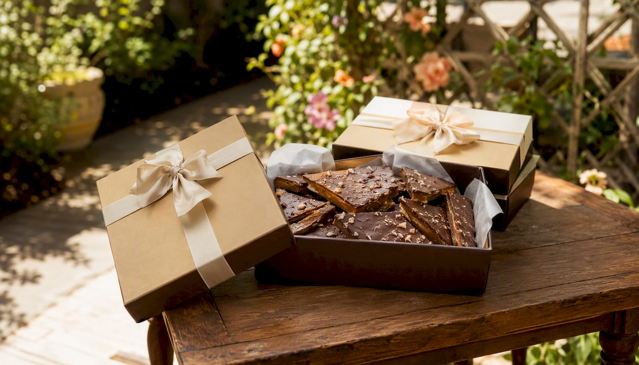 Handcrafted toffee gift boxes with almonds