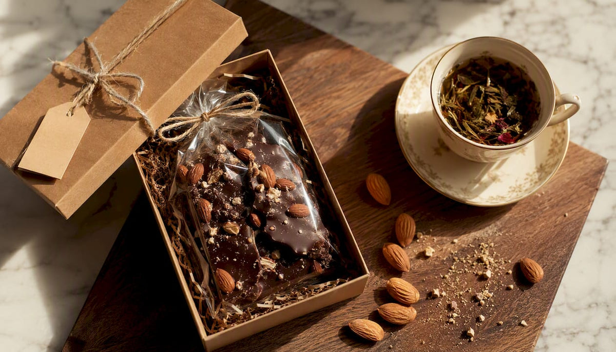 Wrapped gluten-free toffee gift box on wooden table