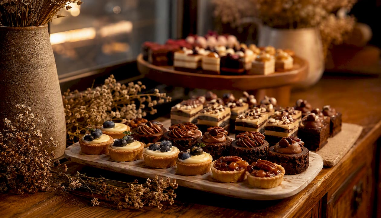 Tiered tray with bite-size corporate event desserts