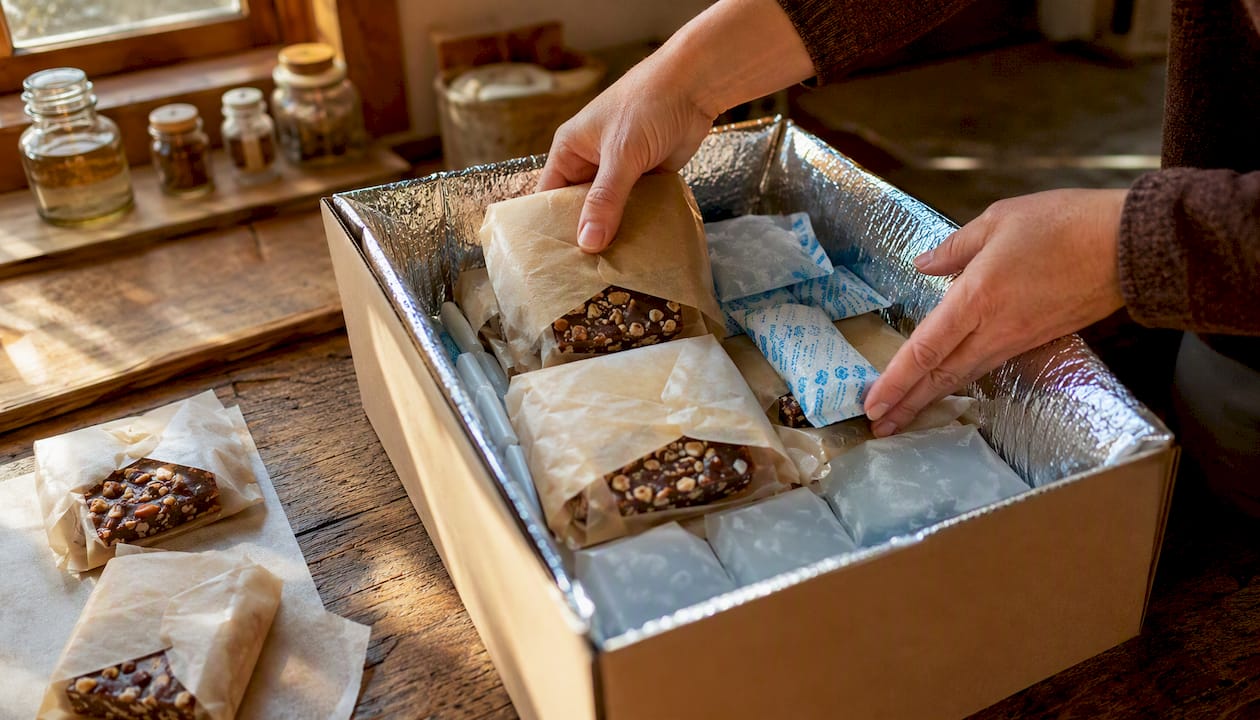 Hands packing toffee with cold packs and foil liner
