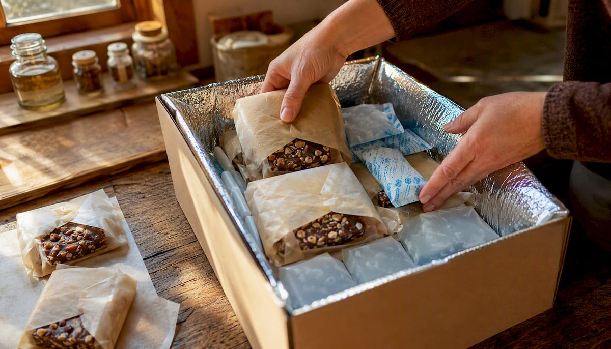 Hands packing toffee with cold packs and foil liner