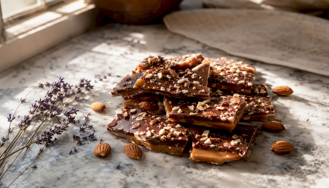 Close-up of handcrafted English almond toffee with almonds