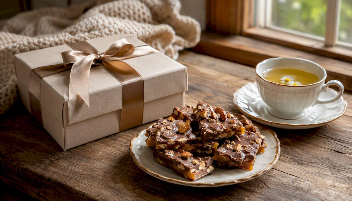 Wrapped toffee gift with tea on rustic table
