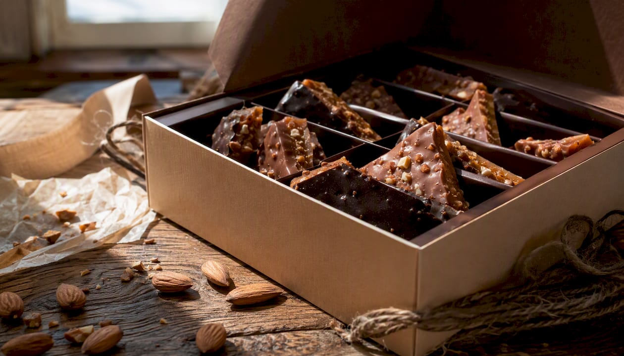 Handcrafted English almond toffee gift box open