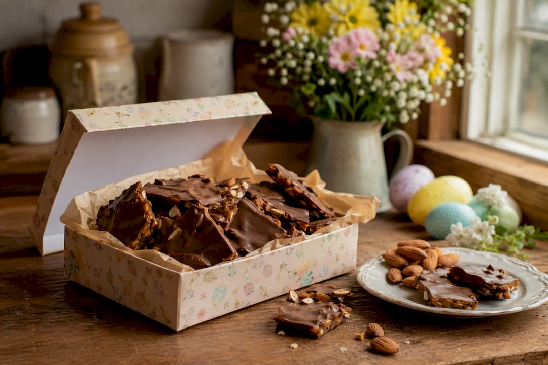 Open gourmet Easter chocolate toffee gift box