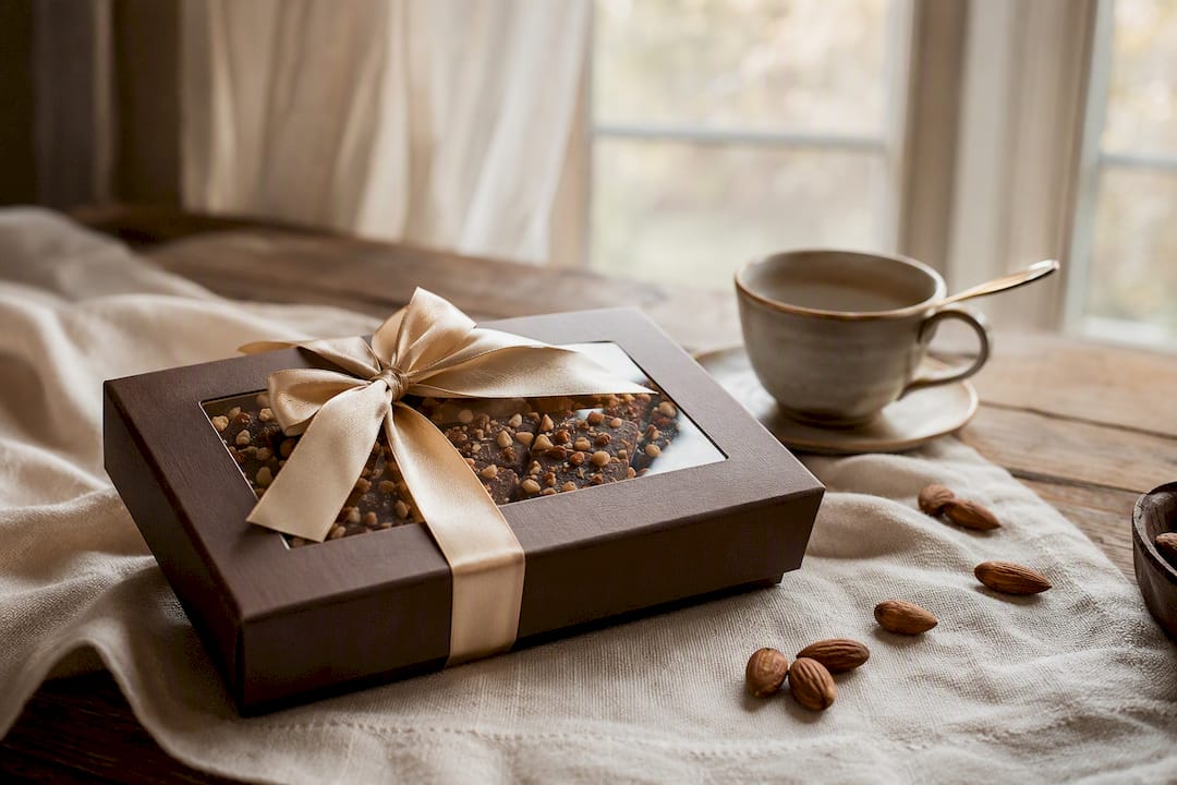 Preordered toffee gift box on wooden table