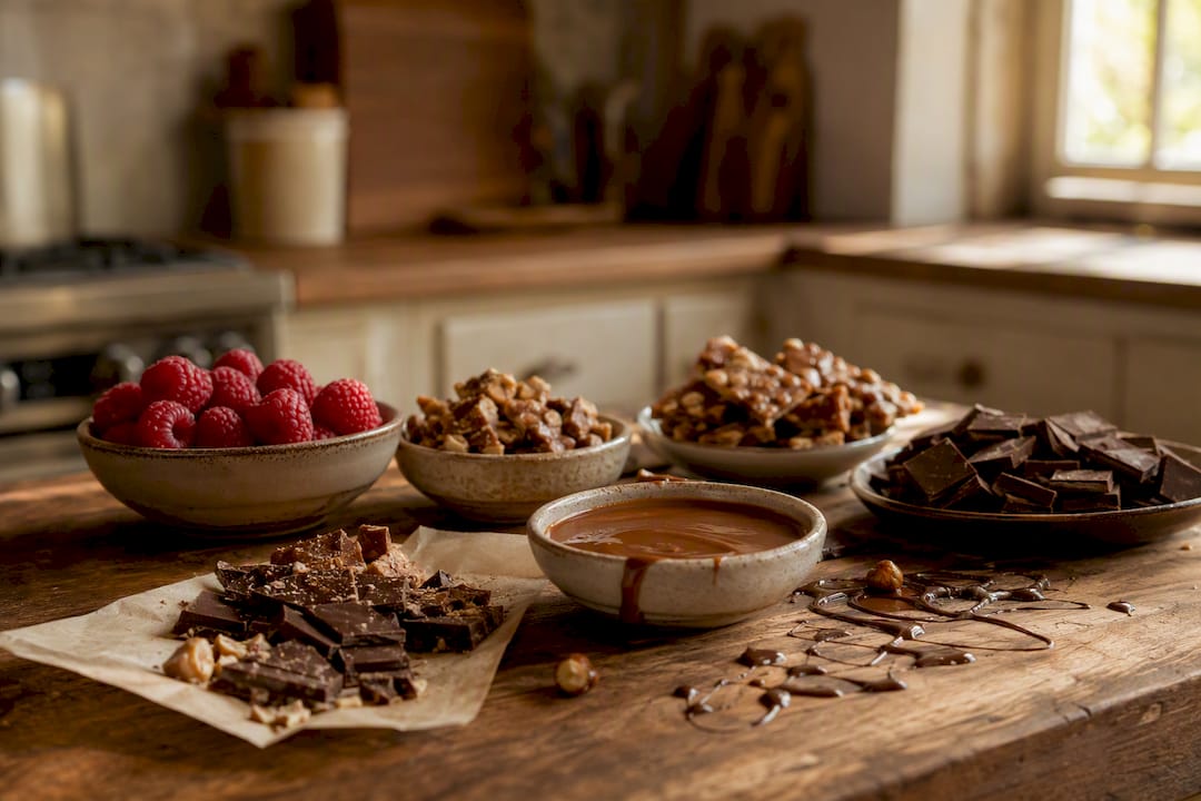 Partially assembled chocolate dessert board on rustic table