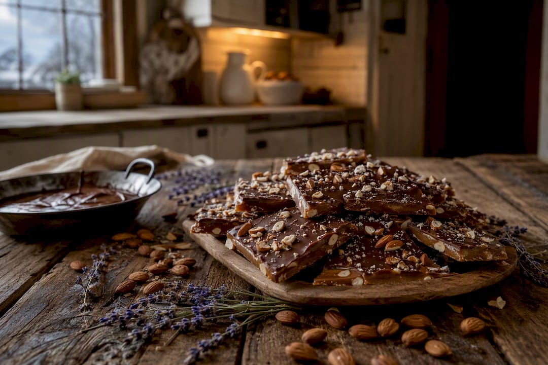 Handcrafted English almond toffee on rustic wooden table