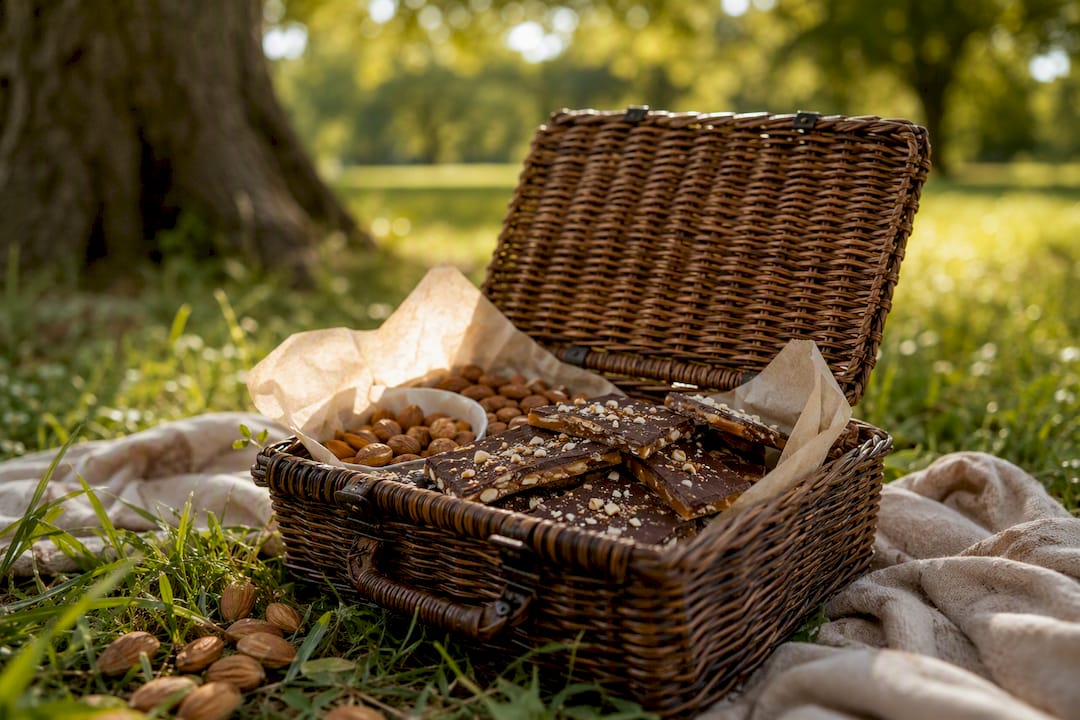 Gift bag with handcrafted toffee and almonds on rustic table