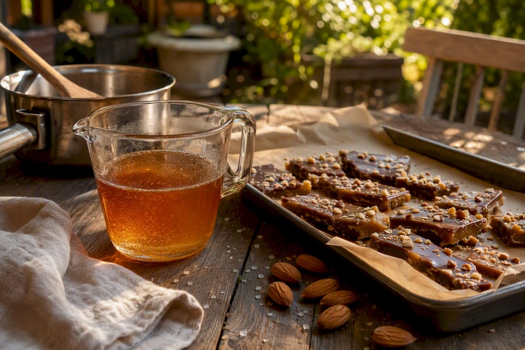 Vegan toffee ingredients and pieces on rustic table