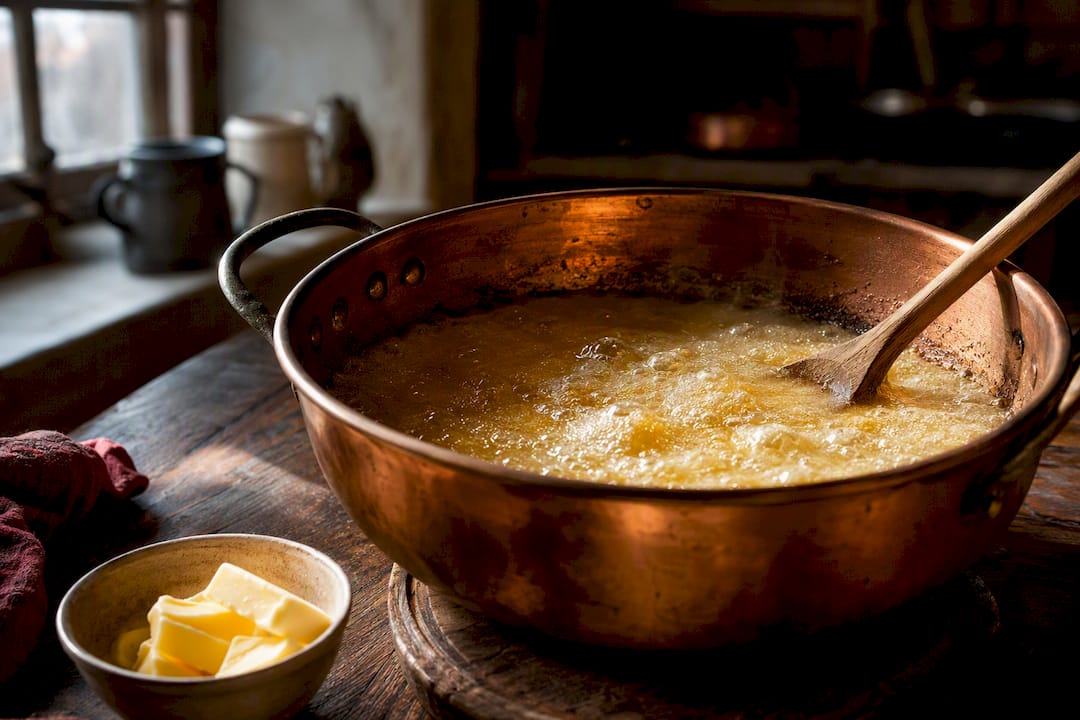 Butter and sugar cooking in copper pan