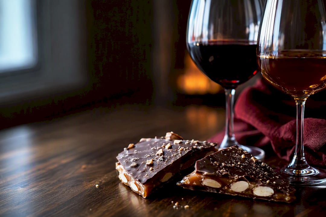 Wine glasses beside chocolate toffee pieces
