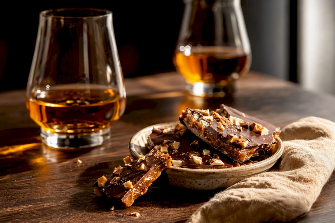 Whiskey glasses beside soft-chew toffee pieces