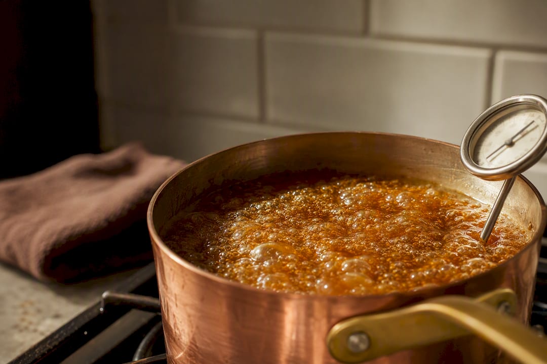 Caramelized toffee reaching hard-crack stage