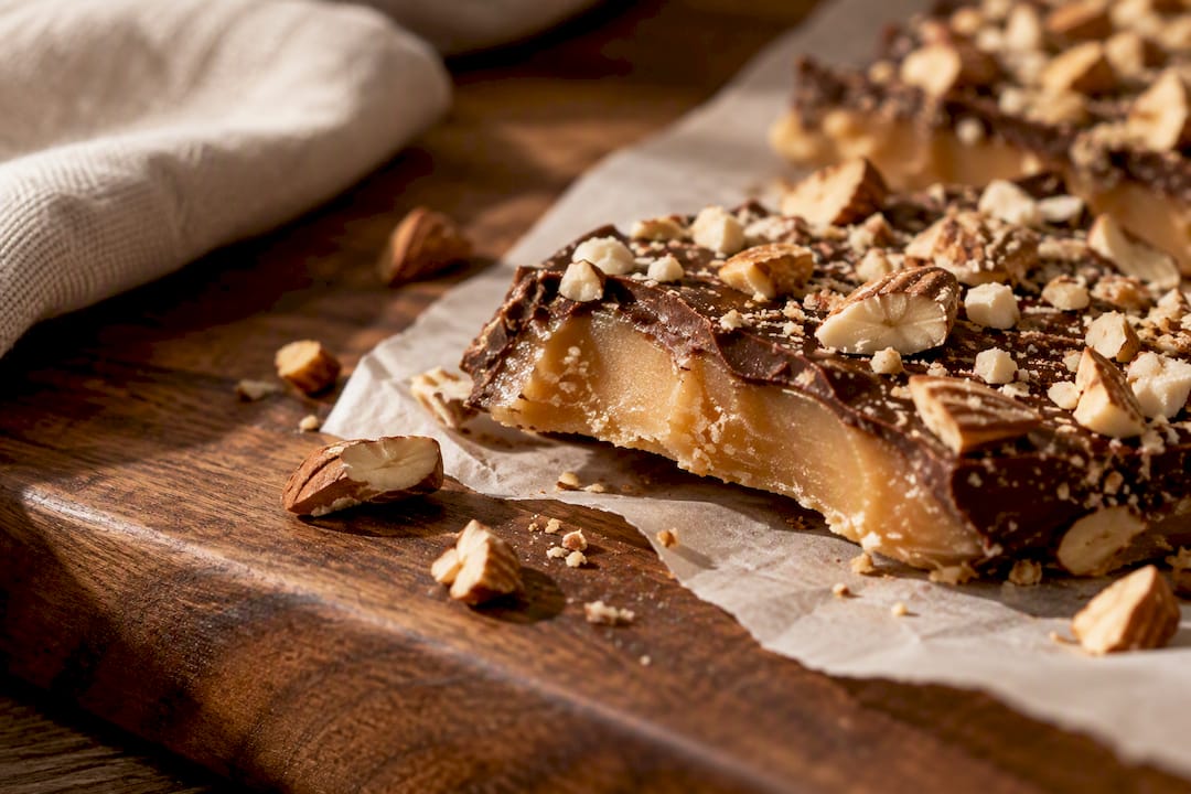 Toffee showing plain center beneath chocolate coating