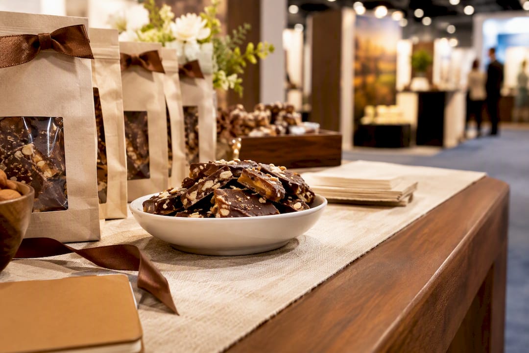 Toffee gift bags arranged on trade show table